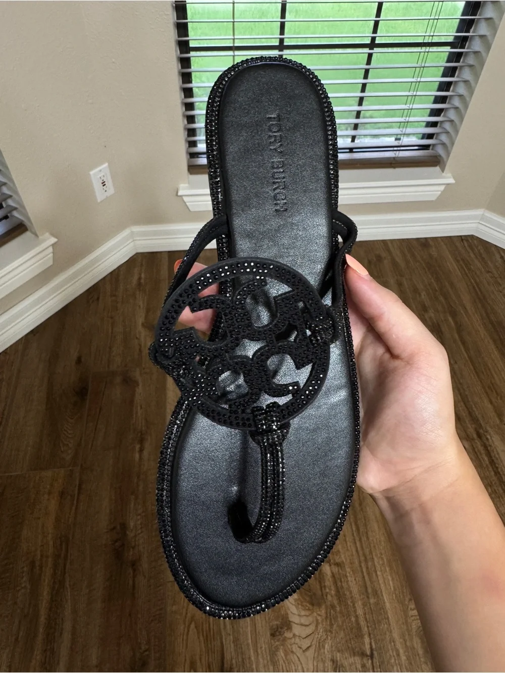 Tory Burch Black Crystal Logo Thong Sandal